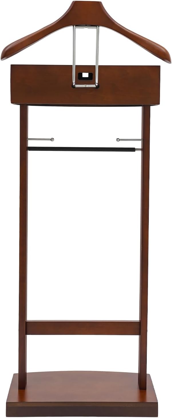 Valet Stand for Man and Women, Wood Suit Rack Suit Valet Stand with Top Tray, Storage Drawer, Bottom Shoe Rack, Freestanding Clothes Rack for Living Room, Entryway, Bedroom, Office, Black (Brown)