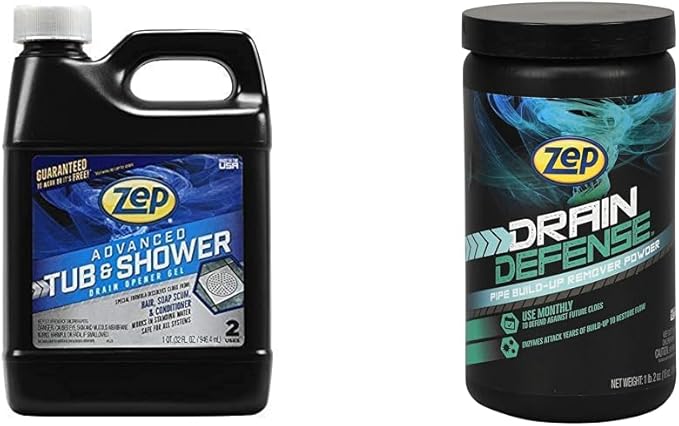 Zep Advanced Tub and Shower Drain Opener Gel - 32 Ounce - U49210 - Formulated for Hair & Drain Defense Enzymatic Drain Cleaner Powder - 18 Ounces - ZDC16 - Safe for Pipes and Septic Systems