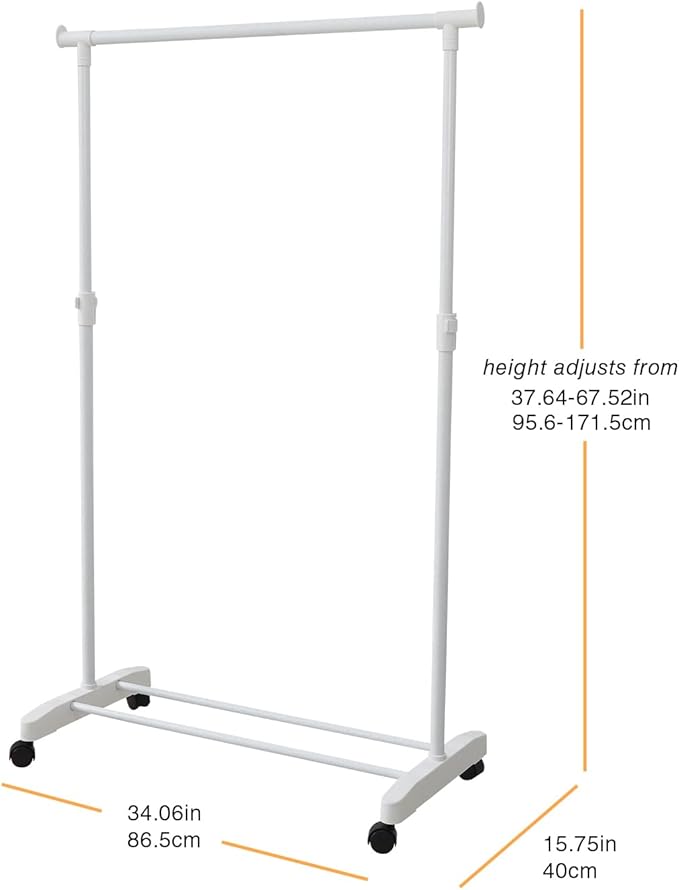 Clothing Drying Rack with Wheels, Standard Rod Simple Rolling Metal Laundry Rack Organizer, 34 Inch Wide with Bottom Shelf for Hanging Clothes Coats Skirts,White