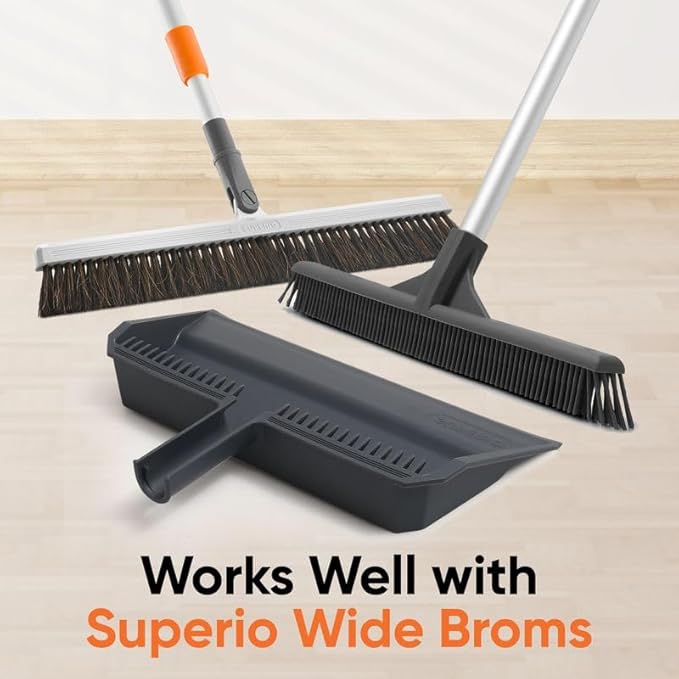 Superio 2-Pack Wide Plastic Dustpan with Comb - 16" Wide, Rubber Lip, Broom Handle Clip, Grey