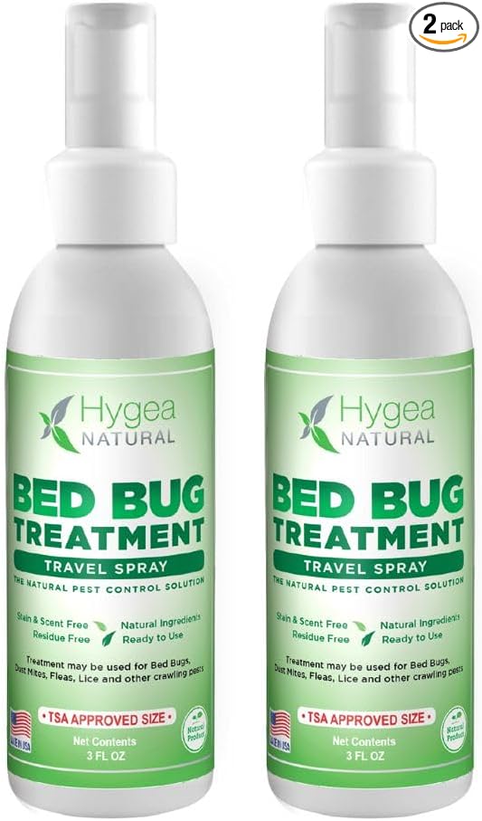 Hygea Natural Lice, Mite, and Bed Bug Natural Travel Spray- TSA Approved 3 oz Size Bottles, Child & Pet friendly, Stain & Odor Free, For Hotels, Suitcase, Backpack, Shoes, Bed Bug Spray (2 Pack)