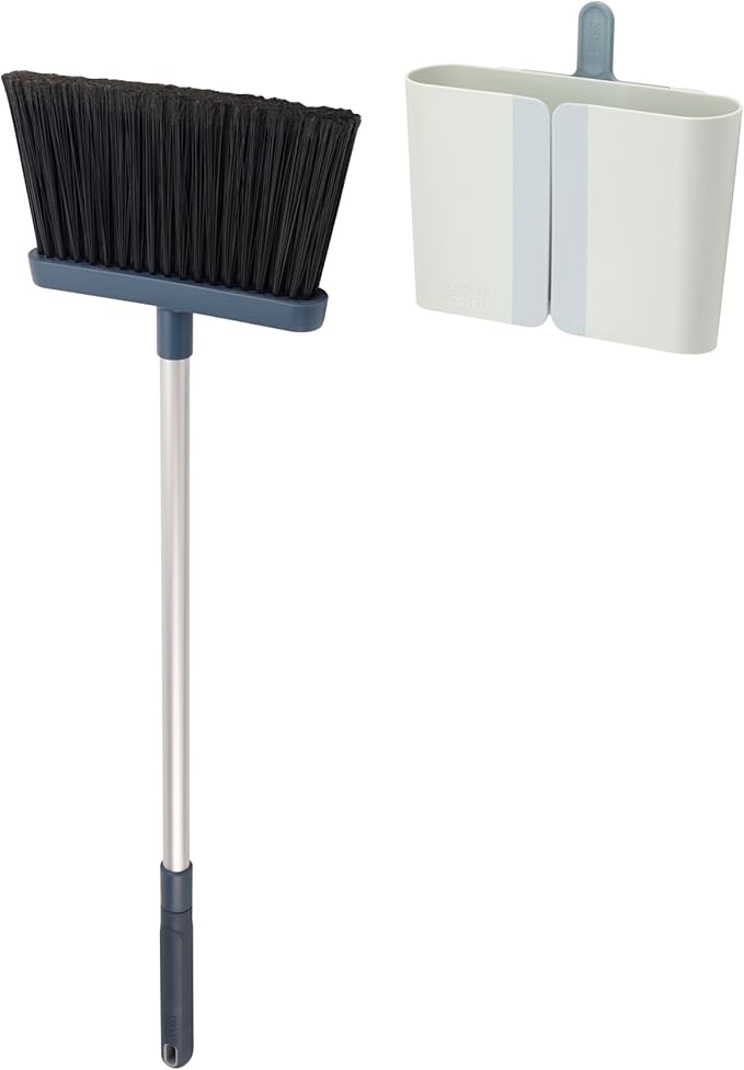 Joseph Joseph CleanStore Wall-Mounted Adjustable Long Handle Broom Sweeper with Dust-Shield Storage, Indoor Sweeping Floor Brush with Soft Bristles and Comb