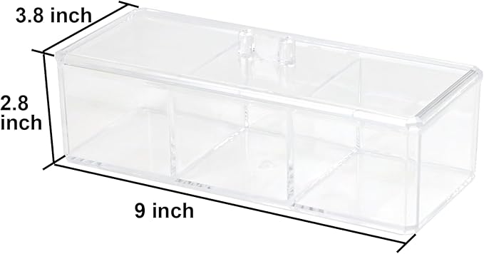 ZEXALOR Clear Bathroom Dresser Organizer - Cotton Ball Swab Holder with 3 Divided Compartments&Lid, , Waterproof Transparent Small Plastic Storage Containers, Vanity Makeup Organization