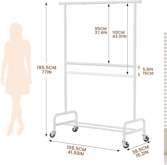 Abiglifty 2 Tier Clothes Rcks for Hanging Clothes, Heavy-Duty Clothing Rack with Wheels,150LBS Capacity, 42" W X15 D X 77" H Garment Rack with Bottom Shelf, for Bedroom, Living Room, White