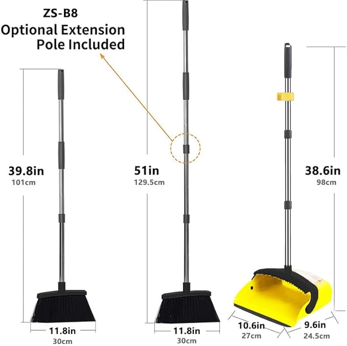 2-Pack is More economical,Brooms with Dustpan Combo Set， with 52" Long Handle, Dustpan Teeth with self-Cleaning Function, Indoor and Outdoor Sweeping, Perfect for Home Office(Large/Yellow /2-Pack).