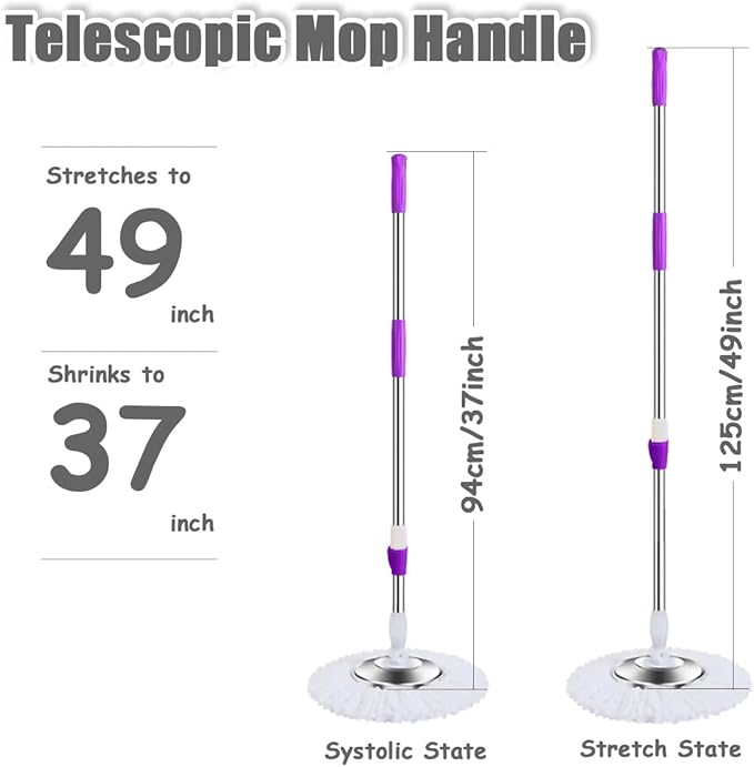 Spin Mop Replacement Mop Handle, 49-inch 360 Degrees Rotating Telescopic Replacement Mop Stick with Stainless Steel Disc for Spin Mop Bucket Cleaning System (Stainless Steel Disc, Purple)