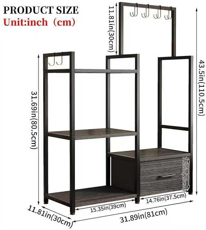 Industrial 4-Tier Storage Shelf with Drawer & Hanging Hooks - Metal & Wood Entryway Organizer Rack for Bedroom, Living Room - Freestanding Clothing Coat Rack with Multi-Level Shelves (Black)