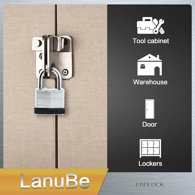LanuBe Lock Laminated keyed Padlock (1-9/16", 40mm), keyed Alike Locks, Normal Shackle,Marked Black Plastic Hoop, Pack of 24