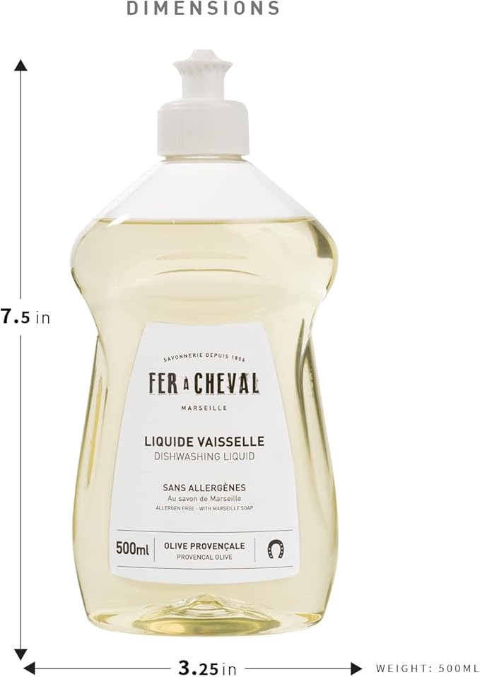 Fer à Cheval Marseille Dishwashing Soap, Olive Oil Based, Made in France - Liquid Dishwashing Soap, 500 ml/16.9 fl oz