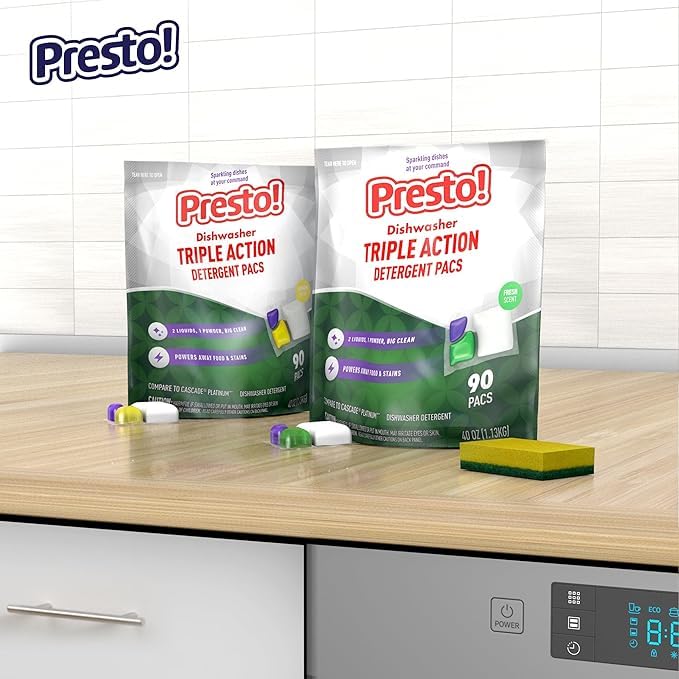 Amazon Brand - Presto! Triple Action Dishwasher Pacs, Anti-spotting, Fresh Scent, No Phosphates or Chlorine, 70 Count