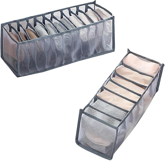 2 Pcs 11 Grids 7 Grids Underwear Drawer Organisers Sock Drawer Organizer Divider Underwear Storage Boxes Foldable Closet Dresser Drawer Organizer for Storing Socks Gray