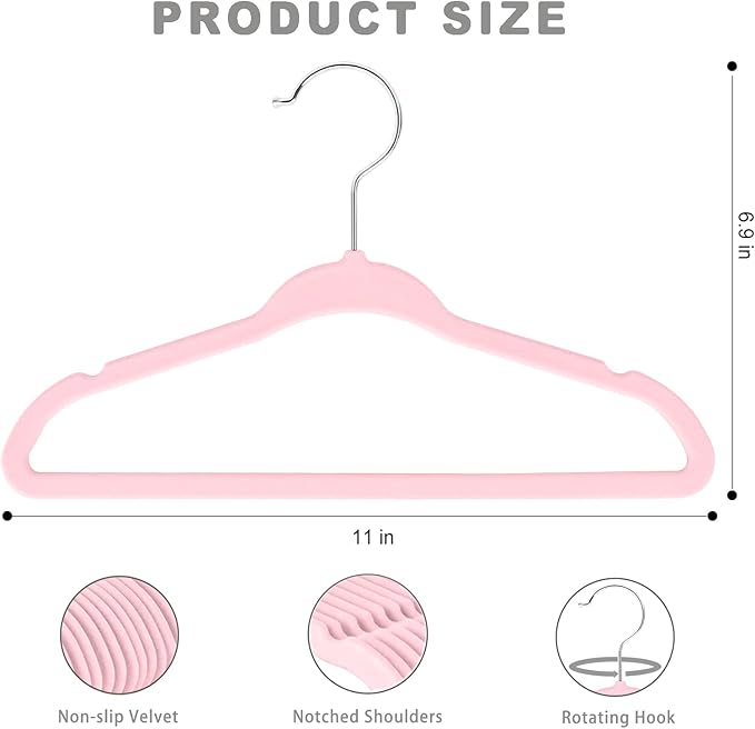 BAGAIL 50 Pack Kids Velvet Hangers 11 Inches Children's Clothes Hangers Non-Slip Baby Hangers for Infant/Toddler (Blush Pink)