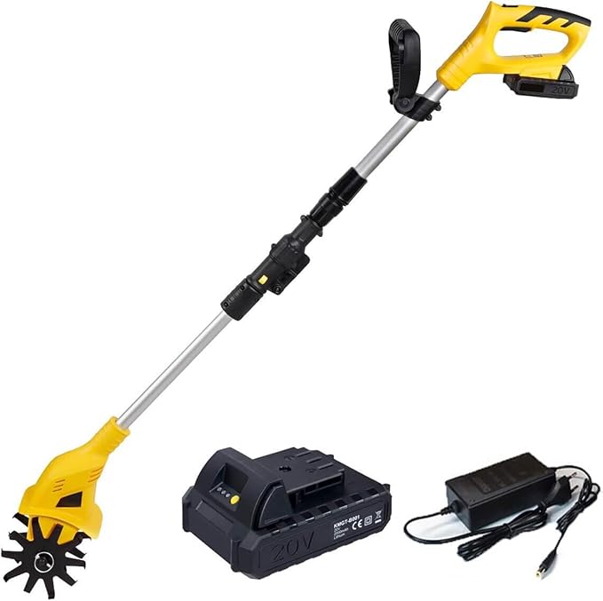20 V Cordless Tiller Cultivator, 250 RPM Electric Rototiller for Gardening, 6.7" Deep x 4" Wide Cultivation, Battery Included (Classic Yellow)