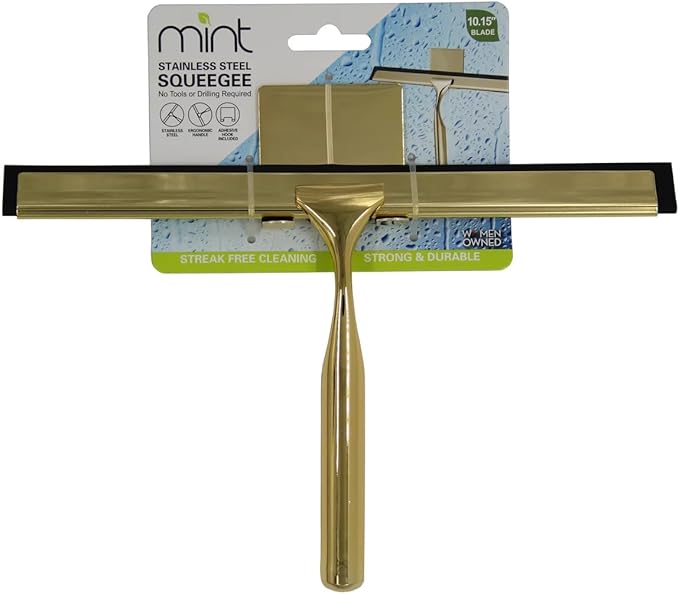 J&V TEXTILES All-Purpose Stainless Steel Shower Squeegee for Glass Doors with Adhesive Hooks, Squeegee for Shower Glass, Bathroom Household Cleaner Tool, 10 Inch (Gold)
