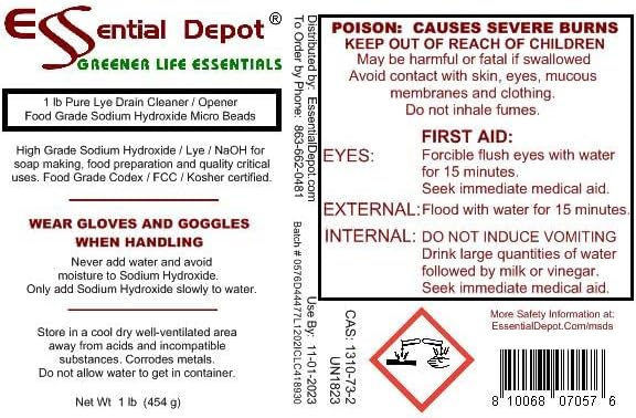 Essential Depot 9 lbs Food Grade Sodium Hydroxide Lye Evenly-Sized Micro Pels (Beads or Particles) - 9 x 1 lb Bottles - Lye Drain Cleaner