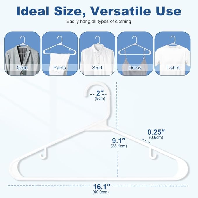 HOUSE DAY 200 Pack Plastic Clothes Hangers, Commercial Bulk Shipment for Business, Sturdy Durable Lightweight Hangers White Ideal for Retail Dry Cleaners Warehouses, Save Cost & Warehouse Space