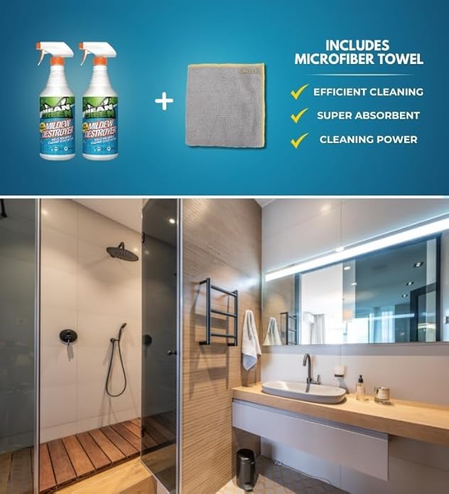 Mean Green Mildew Remover Spray 32 oz Bundle with Microfiber Cloth - Easy Cleaning of Mold, Mildew, Soap Scum, and Grime in Bathrooms, Kitchens, Patios, and More - (3 Items)