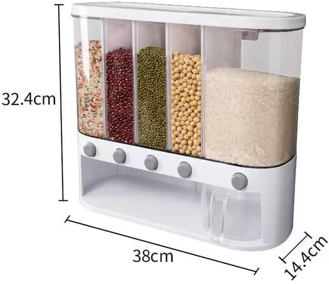 Dry Food Dispenser,Wall mounted 5 Grid Cereal Dispenser,Rice dispenser 25 pounds Kitchen Storage with Measuring Cup