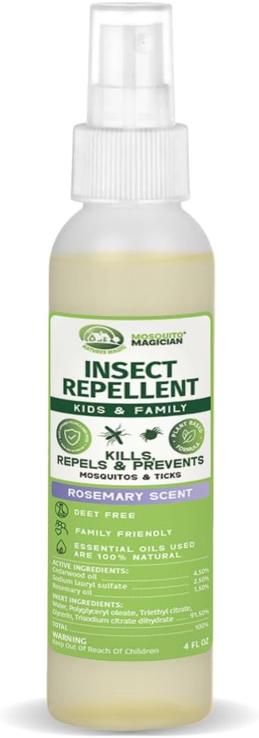 Mosquito Magician Natural Bug Spray for Body – Kid Safe Mosquito Repellent Spray with Natural Essential Oils, Kills, Repels, & Prevent Travel Size Bug Spray for Kids & Family – Rosemary, 4 OZ