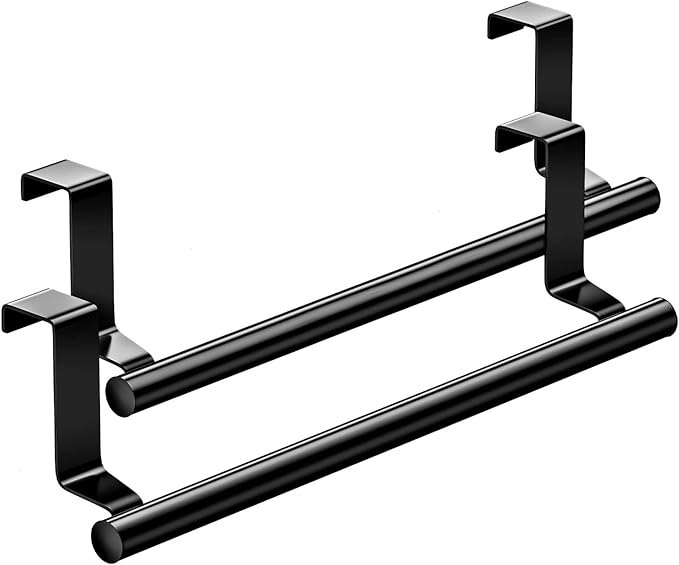 Stainless Steel Over Door Towel Rack Bar Holders for Universal Fit on Over Cabinet Cupboard Doors 2 Pack (Black)