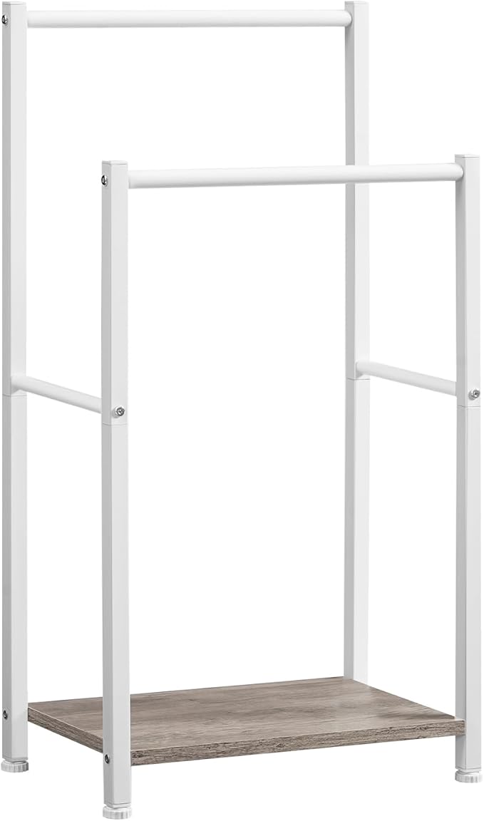 HOOBRO Free Standing Towel Rack for Bathroom, 2 Tier Blanket Rack, 16.5" L x 9.4" W x 31.5" H, Blanket Holder, Drying and Display Rack with Shelf, White and Grey WG02LB01
