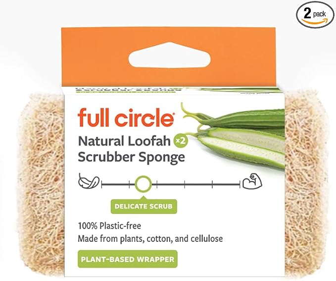 Full Circle 100% Plant-Based Loofah Sponges – Pack of 2 – Plastic-Free, Natural Sponge, No Microplastics, Safe for Nonstick Cookware.