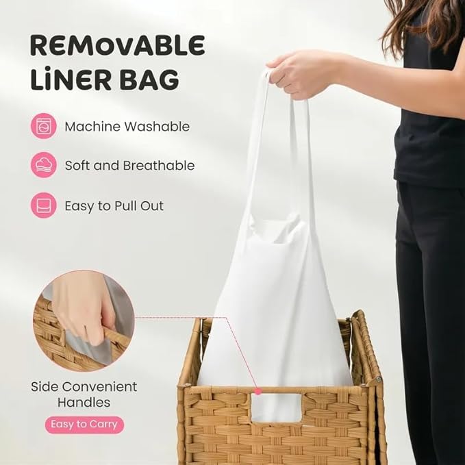 Laundry Hamper with Lid, 90L Foldable Laundry Basket with Removable Liner Bags, Handwoven Synthetic Rattan Clothes Hamper for Bathroom, Bedroom, Laundry Room, Yellow