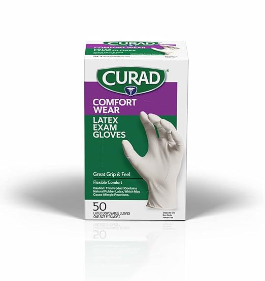 Curad Comfort Wear Latex Exam Gloves, Powder-Free, One Size Fits Most, 50 Count