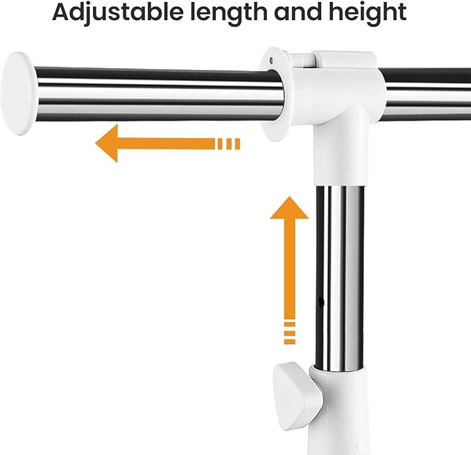 LiaMeE Adjustable Clothing Rack for Hanging Clothes, Heavy Duty Garment Rack with Wheels，Free Standing Rolling Clothes Rack with Shelf & Grid, Easy Assembly Standard Rod, White & Chrome