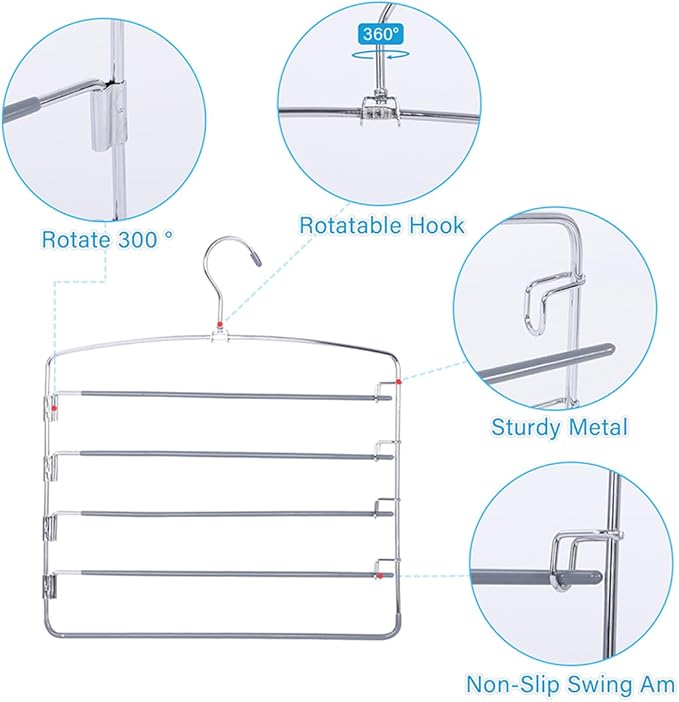 FeeraHozer Pants Hangers Space Saving 3 Pack No Slip 5 Layers Multi Functional Pants Rack Stainless Steel Swing Arm Space Saver Hanger for Trousers Jeans Towels Scarf （Grey）