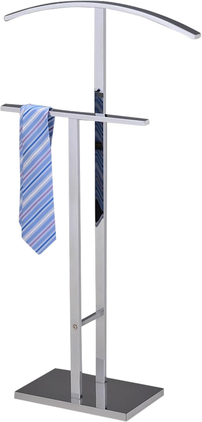 Kings Brand Furniture Dossi Modern Metal Suit Valet Stand, Clothes Rack Organizer with Jacket, Pants & Tie Holder, Space-Saving Garment Rack for Bedroom or Closet (Chrome)