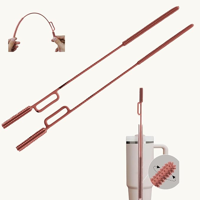 2-in-1 Dual-Head Straw Brush, Silicone Cleaning Brush for Straws & Lid Gaps, Long Flexible for Tumblers & Bottles, Non-Slip Handle, No-Scratch, 2 Pack (6mm & 9mm), Durable & Reusable (Dusty Rose)