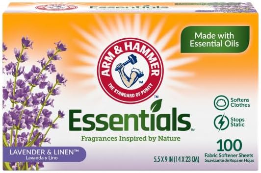 Arm & Hammer Essentials Fabric Softener Sheets, Lavender & Linen, Made with Essential Oils, Softens Clothes, Stops Static, 5.5x9 inches, 100 Count (Pack of 2)