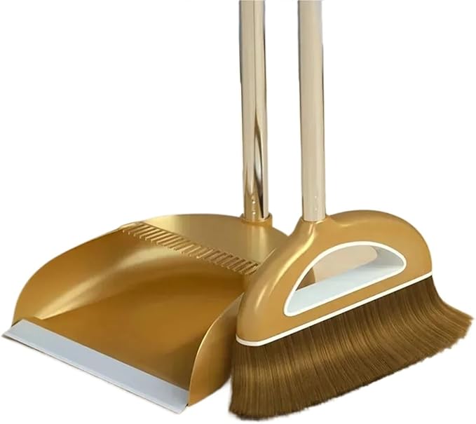 Gold Broom Dustpan Set Folding Dustpan Long Handle Rubber Wiper Space-Saving Floor Cleaner Kit Household Cleaning Accessory for Cleaning(Gold-2pcs)