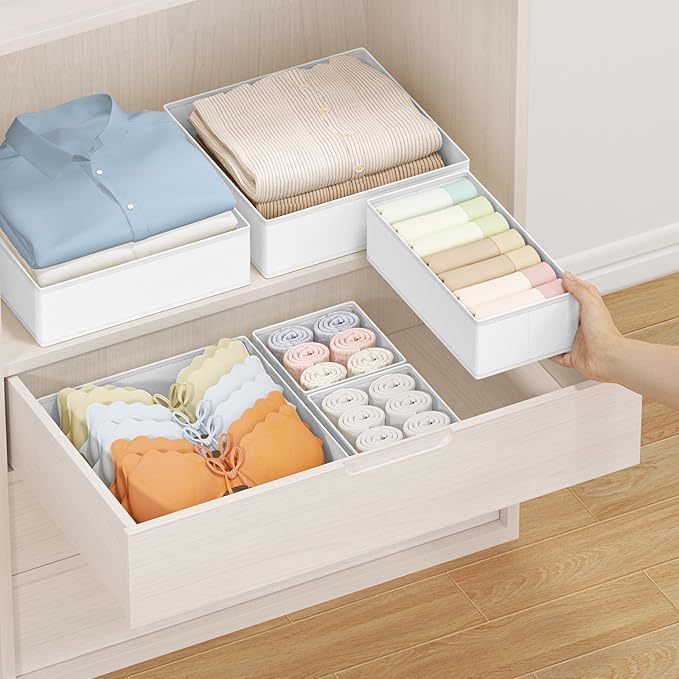 DIMJ Drawer Organizer Clothes, 14 Pack Dresser Organizer, Foldable Closet Organizers and Storage, Fabric Dresser Bins, Drawer Dividers for Nursery, Baby Clothes, Underwears, Sock (White)