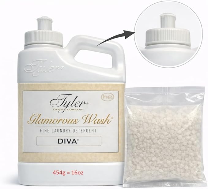 Tyler Candle Glamorous Liquid Wash Detergent Wash, Liquid, Diva, 16 Fl oz/with Dryer Sachet Single Pouch, Pull and Pour Spill Proof Cap ol
