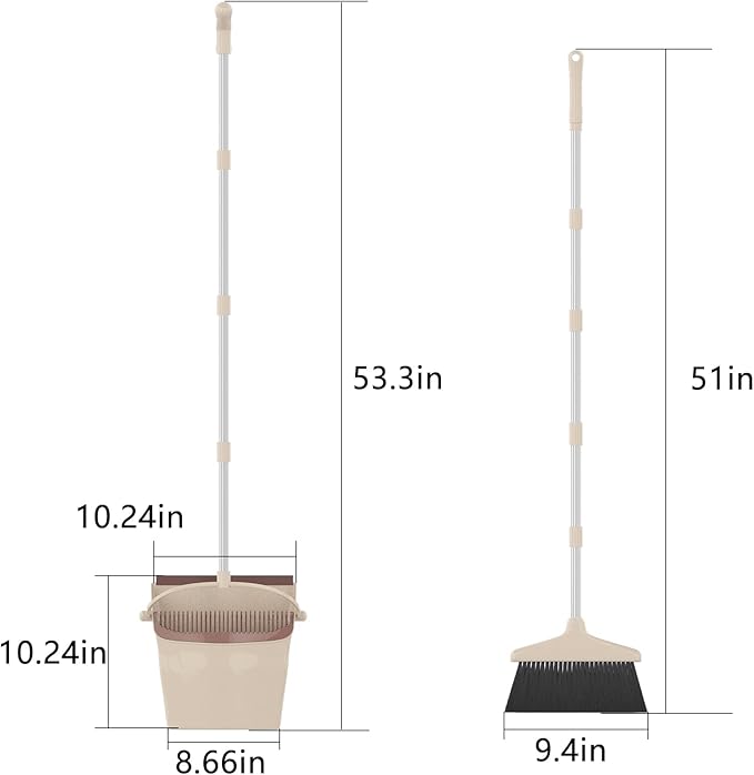 Broom and Dustpan Combo Set with Long Handle (54” L) Angle Broom Dust Pan for Home Kitchen Indoor Cleaning (Brown and Beige)