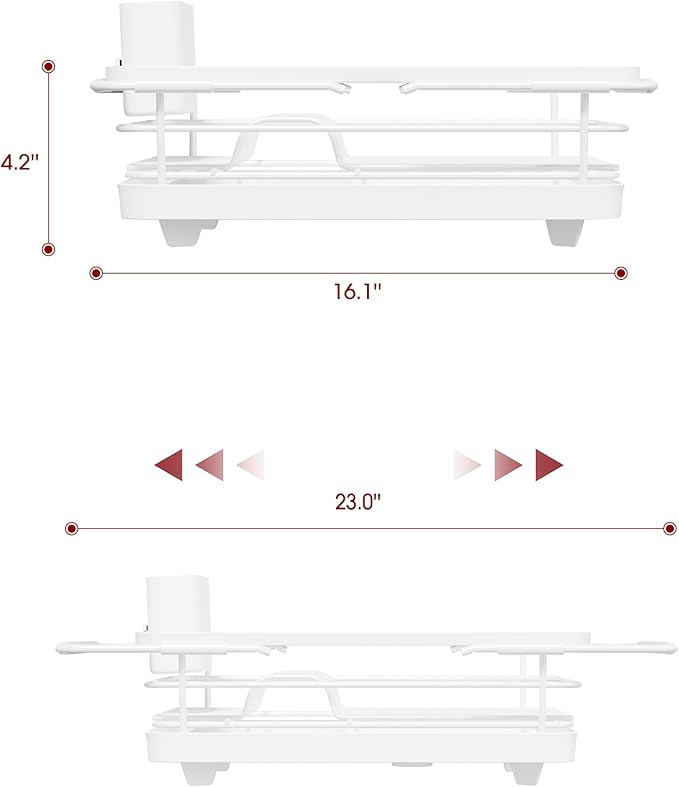 Sakugi Extendable Dish Drying Rack Over Sink with Dish Drainer, Sink Organization and Storage Essentials with Silverware & Utensil Holder, Home and Apartment Decor, 12" W x 16.1~23" L, White