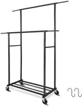 Fishat Stand Portable Black Double Rods Garment Clothes Rack with Rolling and Lockable Wheels Mobile, 48" W x 15" D x 67" H, Metal Simple Hanging Clothes with 2 Hook