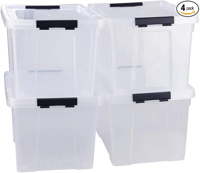 40 Quart Clear Plastic Storage Box with Lid and Wheels, Large Storage Bin, 4 Packs