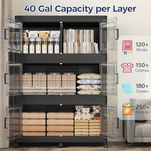 120GAL Extra Large Storage Bins with Lid, 480Qt Stackable Closet Organizers and Drawers, Collapsible Storage Bins with Wheels, Folding Containers for Home, Kitchen Office, 3Pack Black