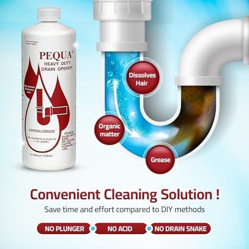 PEQUA INDUSTRIES P-10232 Pequa Heavy Duty Drain Opener, Non-Acid, Fast-Acting Formula, Industrial strength Drain Cleaner for Sinks, Tubs, Septic Tanks -32 Oz