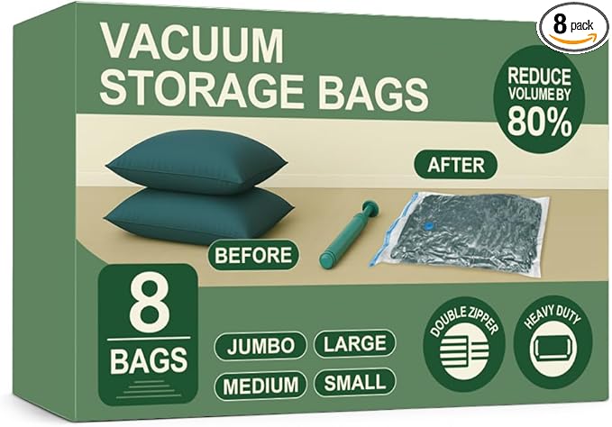 Vacuum Bags for Travel with Pump,8 Pack Vacuum Storage Bags for Bedding and Clothing,Space Saver Bags for Travel and Home(with Hand Pump, Medium 50 * 70)
