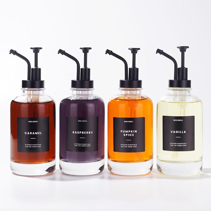 Molimoli Coffee Syrup Dispenser Set of 4, Glass Bottles with Pump, Maple & Coffee Syrup, Black