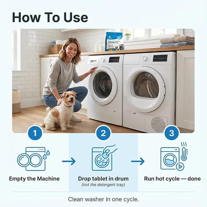 FURME Washing Machine Cleaner MAX Tablets for Pet Owners – 24 Pack Deep Cleaning Descaler for HE Front & Top Load Washers – Removes Pet Hair Odor, Residue & Grime – Septic Safe – 12 Month Supply