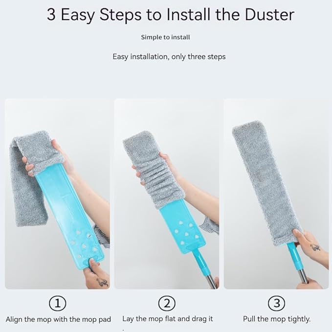 Retractable Gap Duster with 60" Extension Pole, Flexible Microfiber Brush for Under Appliances, Furniture & Tight Spaces, Washable Flat Duster for Fridge Stove Couch Crevices (4 Replacement Fabric)