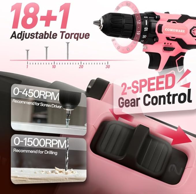 COMOWARE 12V Cordless Drill Set, Pink Hand Tool Set with Cordless Drill Driver, Complete Repair Tool Kit for Women, Storage Bag, Ideal for Office, Garden, Dorm and DIY Project
