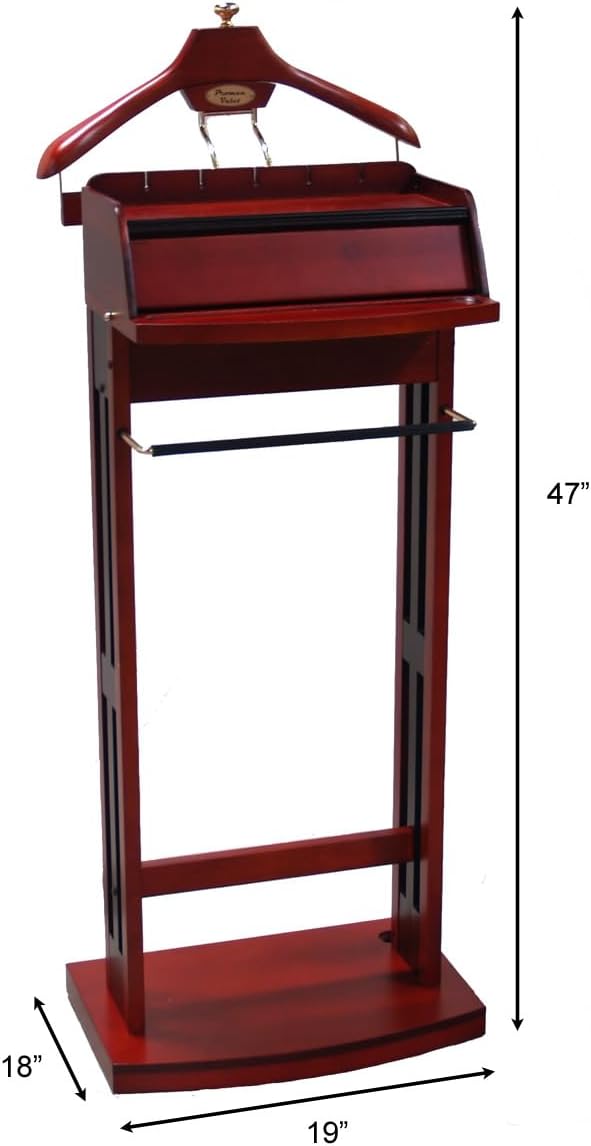 Proman Products Excalibur Wardrobe Wood Valet Stand with Power Extension, Large Storage Compartment, Contour Hanger, Trouser Bar, Tie & Belt Hooks and Shoe Rack - VL16201