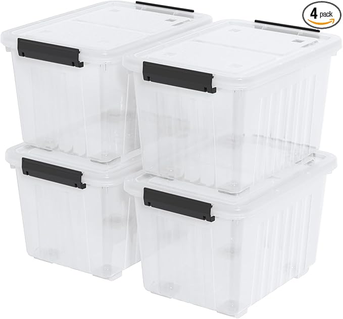 Cand 30 Quart Plastic Storage Boxes with Wheels, 4 Pack Latching Lidded Storage Bins, Clear