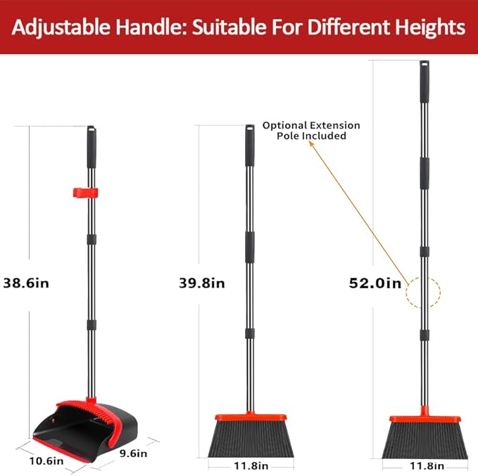 2-Pack is More economical,Brooms with Dustpan Combo Set， with 52" Long Handle, Dustpan Teeth with self-Cleaning Function, Indoor and Outdoor Sweeping, Perfect for Home Office (Large/Red /2-Pack)